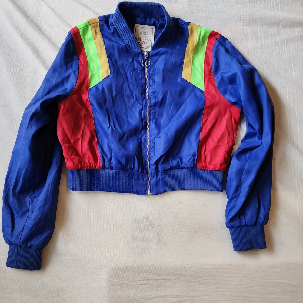 Angel Kiss Blue Colorblock Cropped Bomber Jacket 80s Style 30959-CW1227 Large